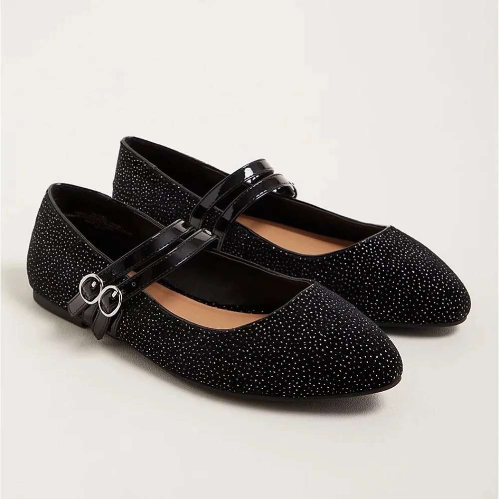 Torrid Black Glitter Dot Mary Jane Double Strap Pointed Toe Flats 11WW
